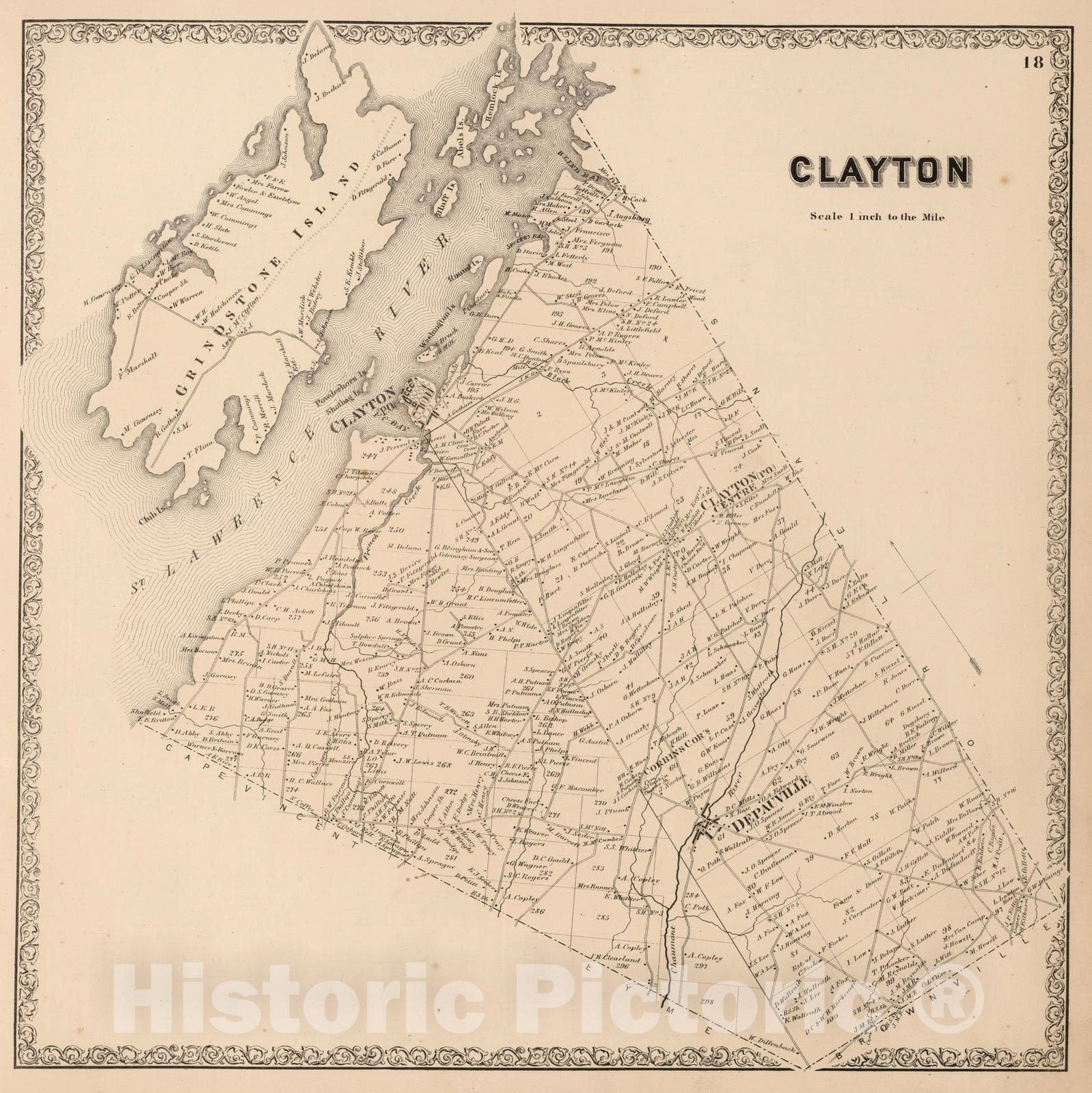 Historic Wall Map : 1864 Clayton, Jefferson County, New York. - Vintage Wall Art