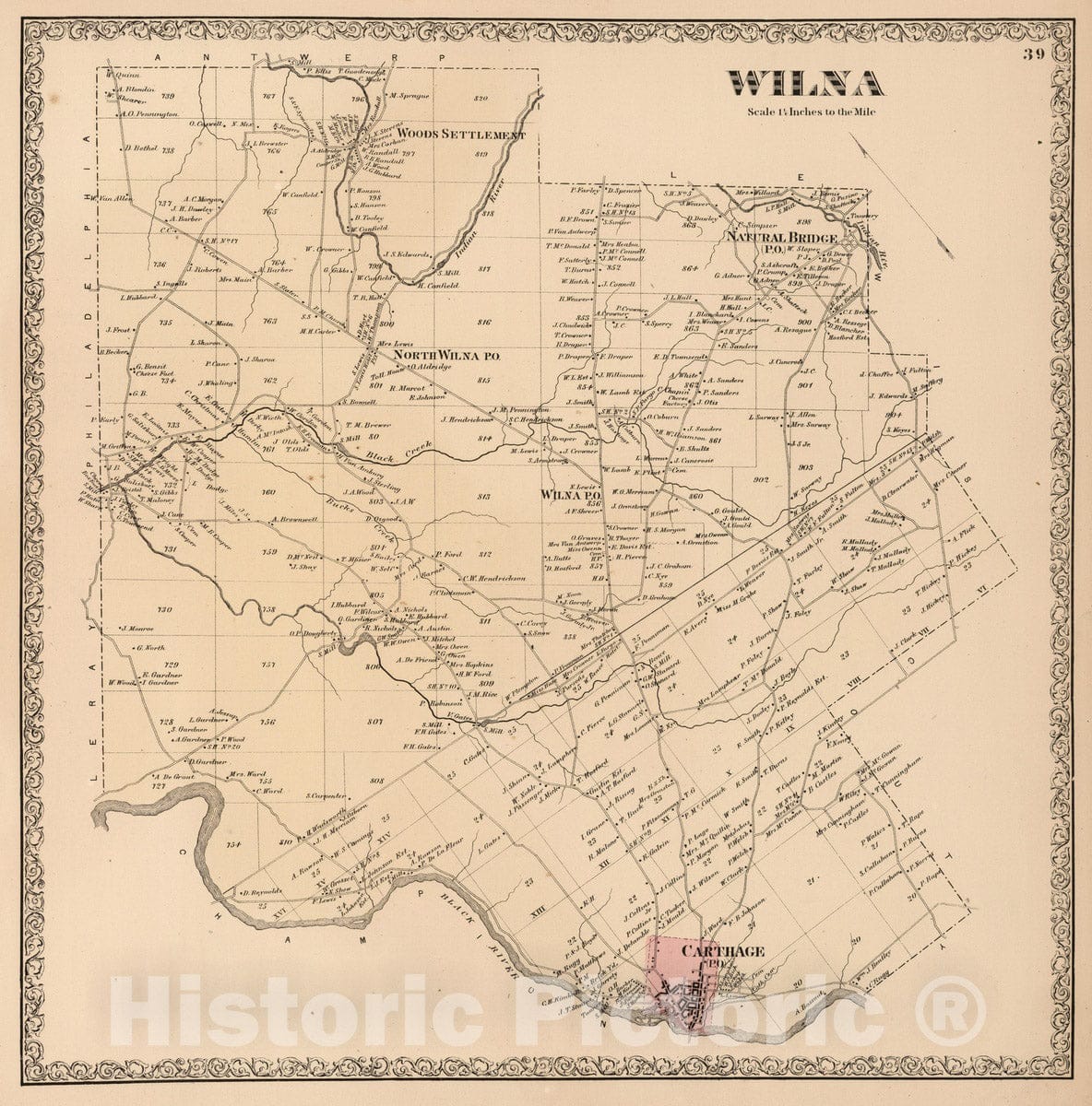 Historic Map : 1864 Wilna, Jefferson County, New. York. - Vintage Wall Art