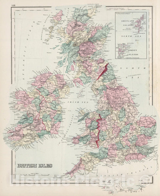 Historic Map : 1878 British Isles. - Vintage Wall Art