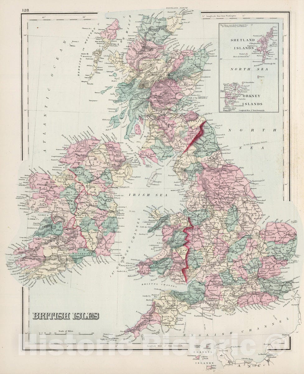 Historic Map : 1878 British Isles. - Vintage Wall Art