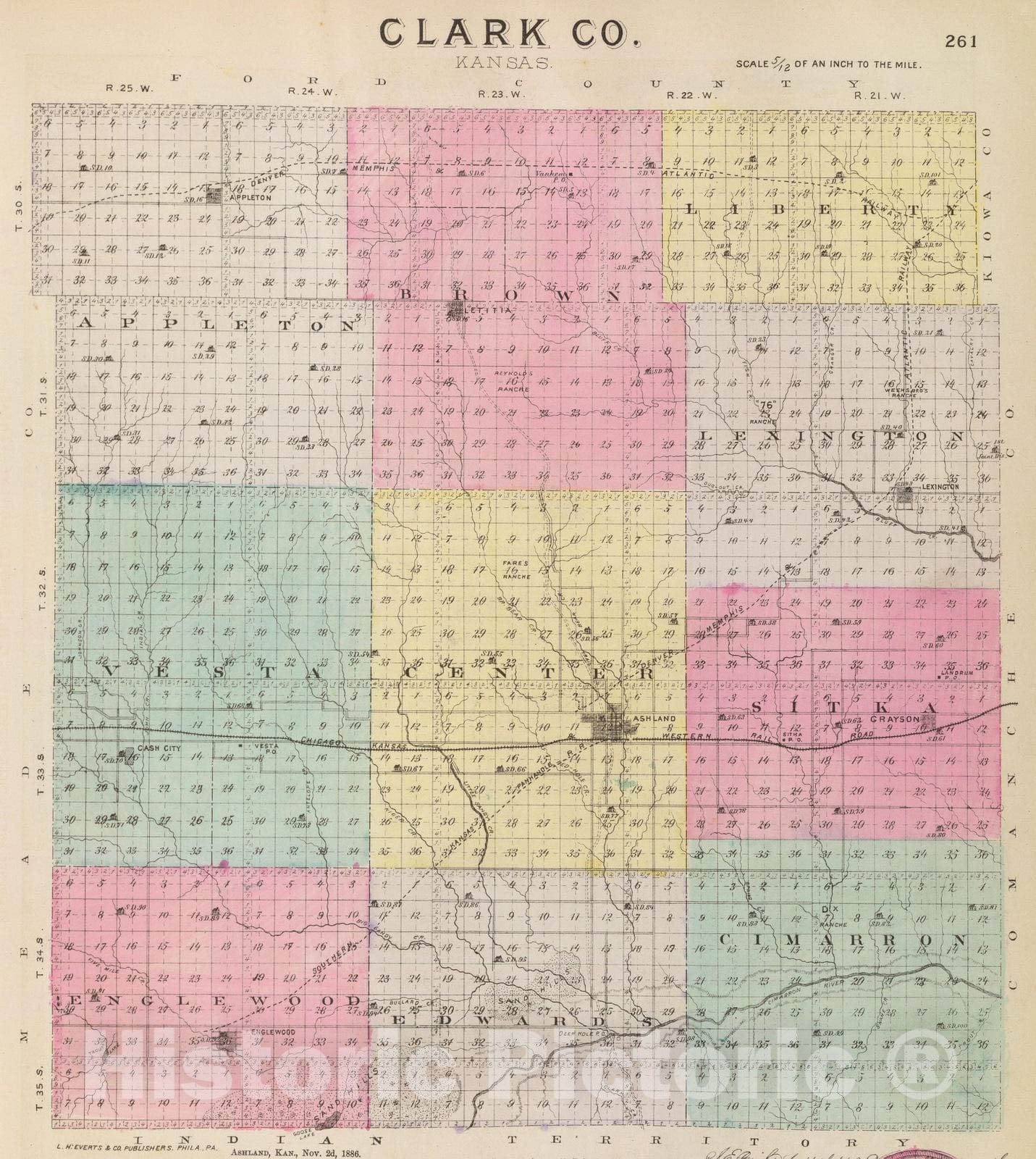Historic Map : 1887 Clark Co, Kansas. - Vintage Wall Art