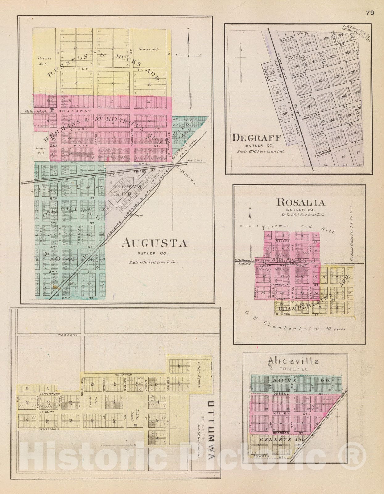 Historic Map : 1887 Augusta, Degraff, Rosalia, Ottumwa and Aliceville. - Vintage Wall Art