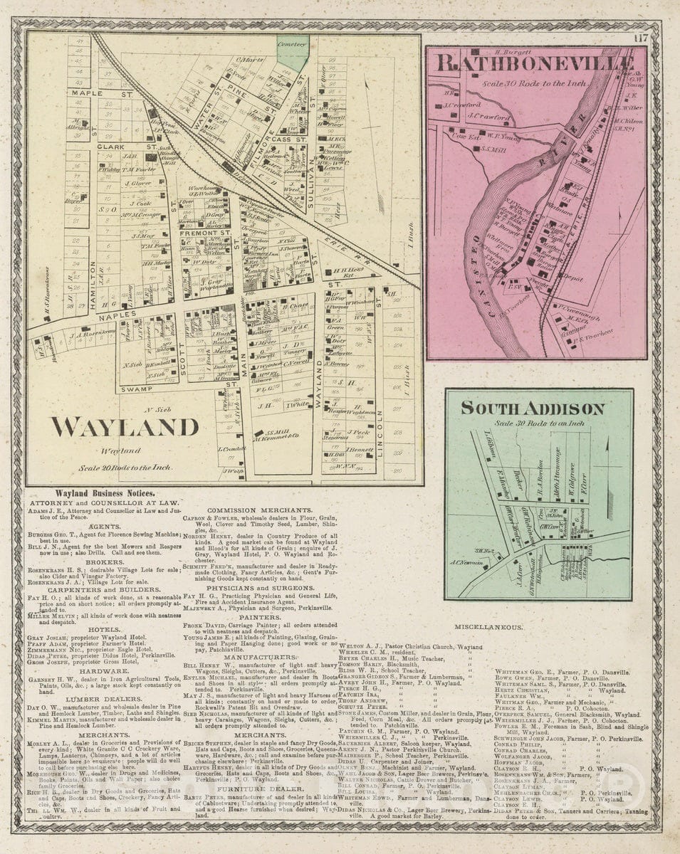 Historic Map : 1873 Wayland. Rathboneville. South Addison. - Vintage Wall Art