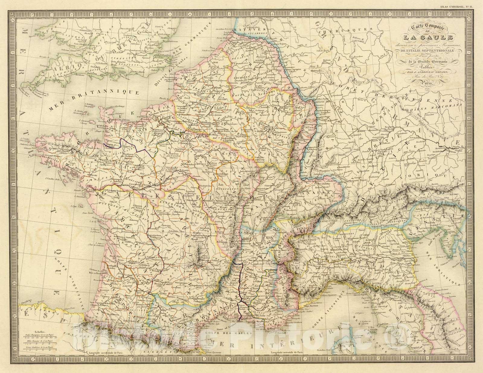 Historic Map : France; Italy, , Europe 1845 Gaule, Italie septentrionale, Germanie. , Vintage Wall Art