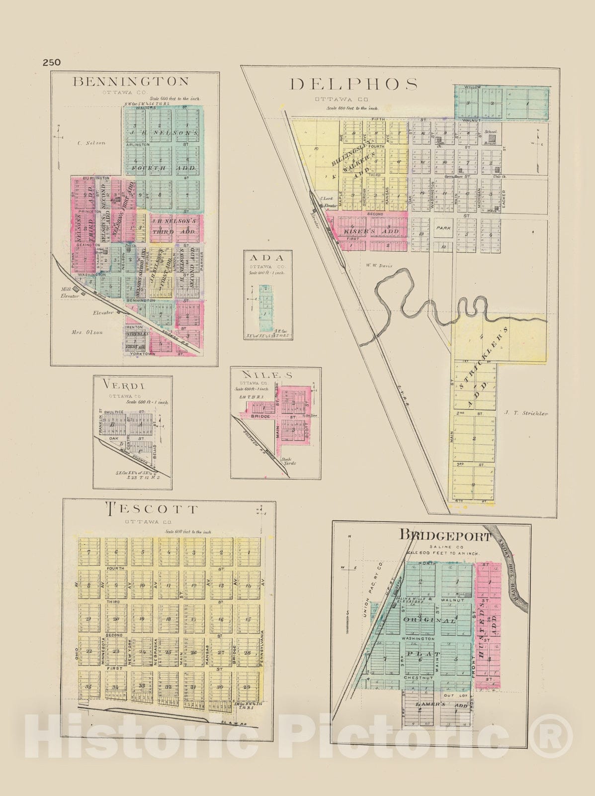 Historic Map : Bennington (Kan.), Kansas, 1887 Delphos, Bennington, Ada, Verdi, Niles, Tescott, Bridgeport. , Vintage Wall Art