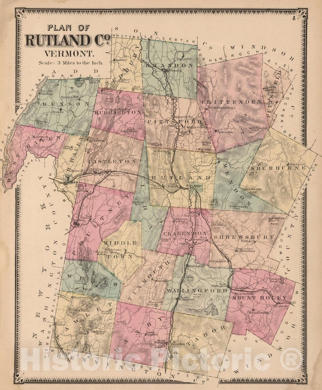 Historic Map : 1869 Rutland County, Vermont. - Vintage Wall Art
