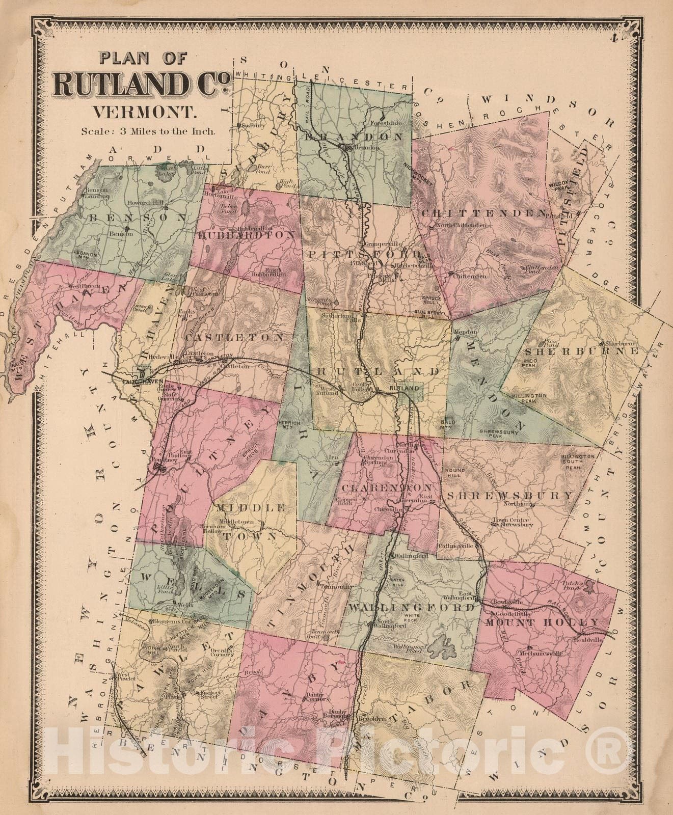 Historic Map : 1869 Rutland County, Vermont. - Vintage Wall Art