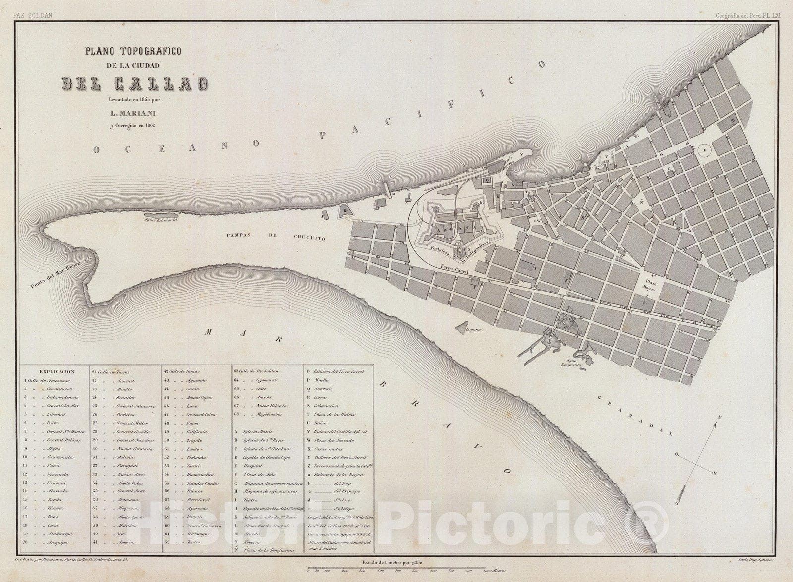 Historic Map : Peru , Callao (Peru), 1865 Plano topografico, Ciudad del Callao. , Vintage Wall Art