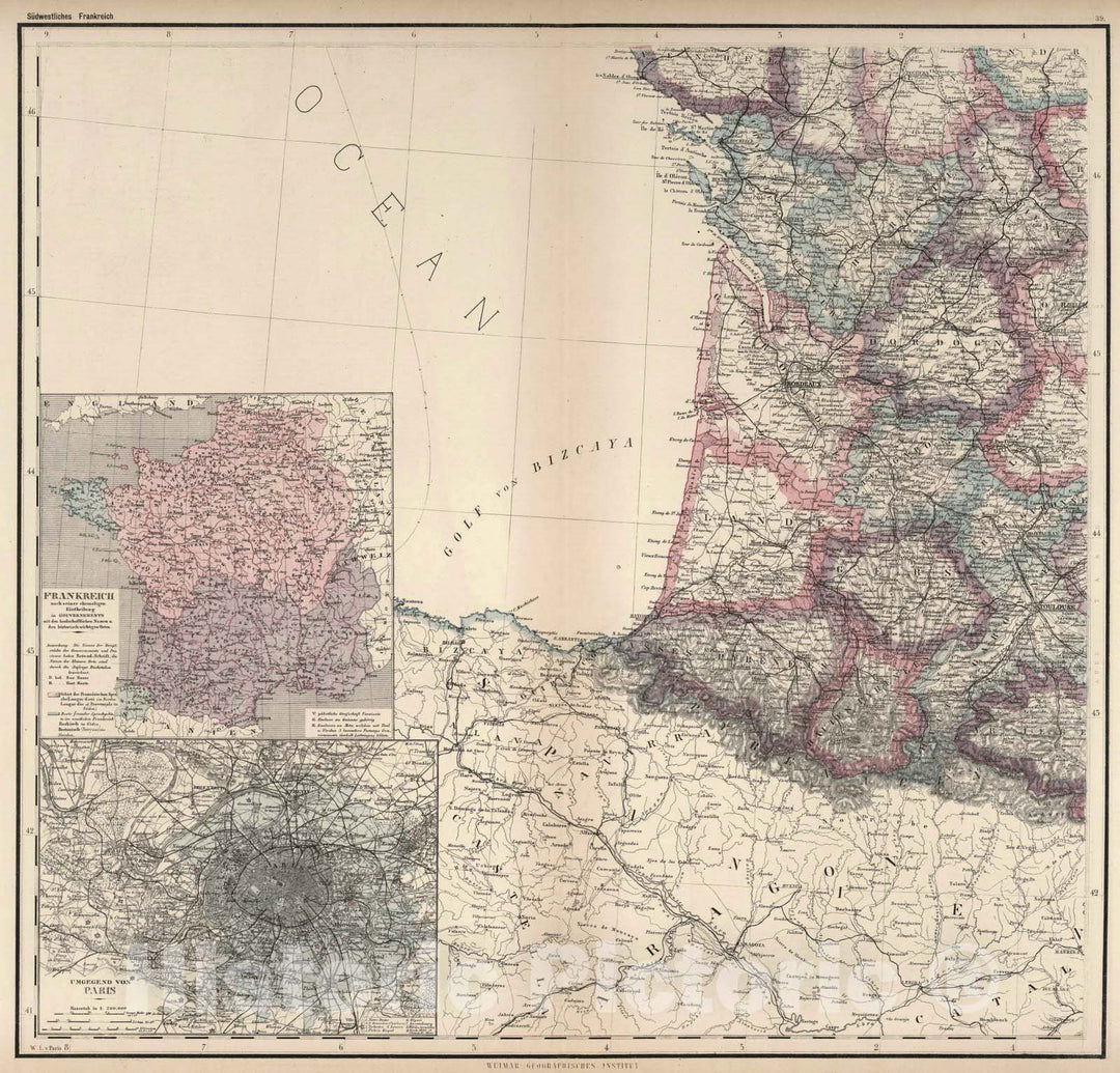 Historic Map : France, 1886 Southwest France. , Vintage Wall Art