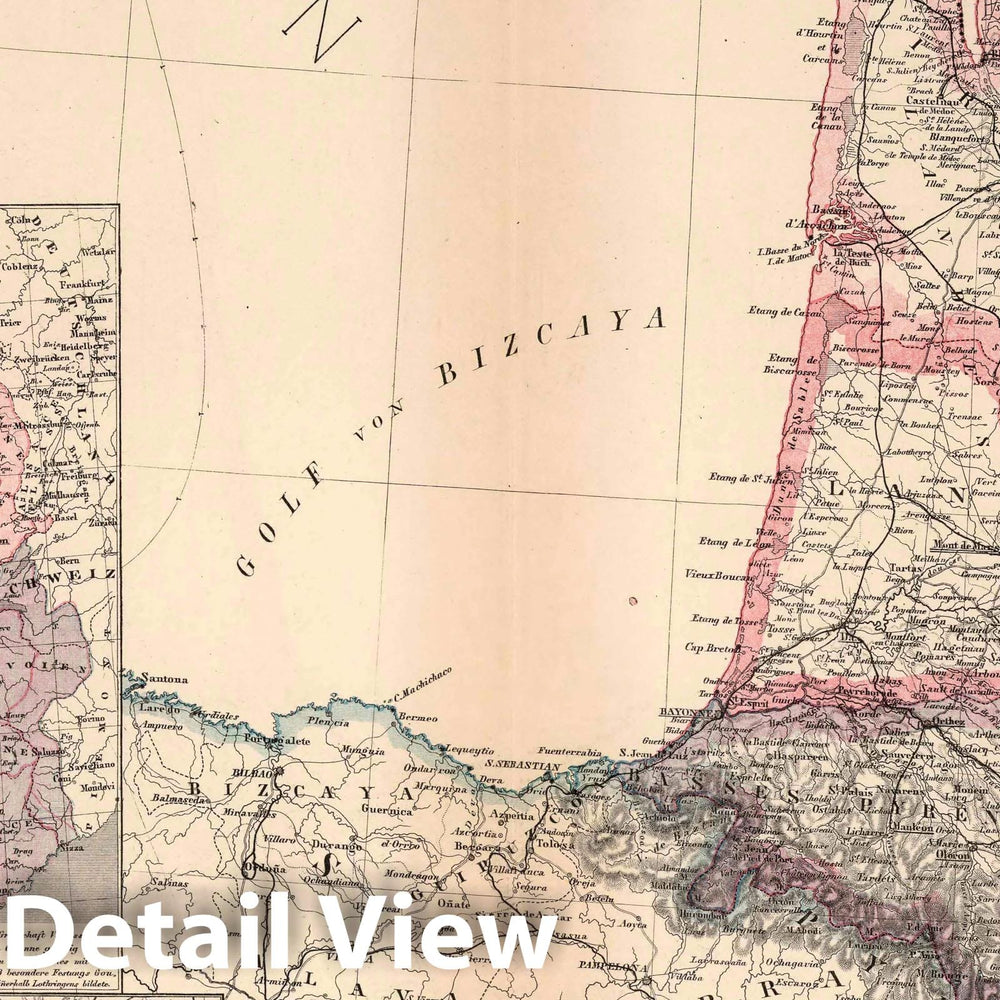 Historic Map : France, 1886 Southwest France. , Vintage Wall Art