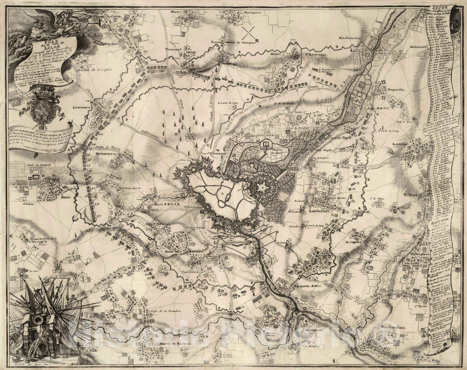 Historic Map : Lille , Belgium 1708 36. Plan du Siege de Lille, Belgium. 1708. , Vintage Wall Art