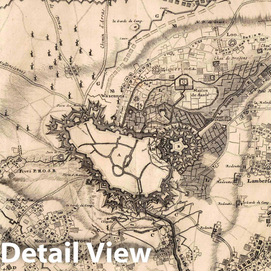 Historic Map : Lille , Belgium 1708 36. Plan du Siege de Lille, Belgium. 1708. , Vintage Wall Art
