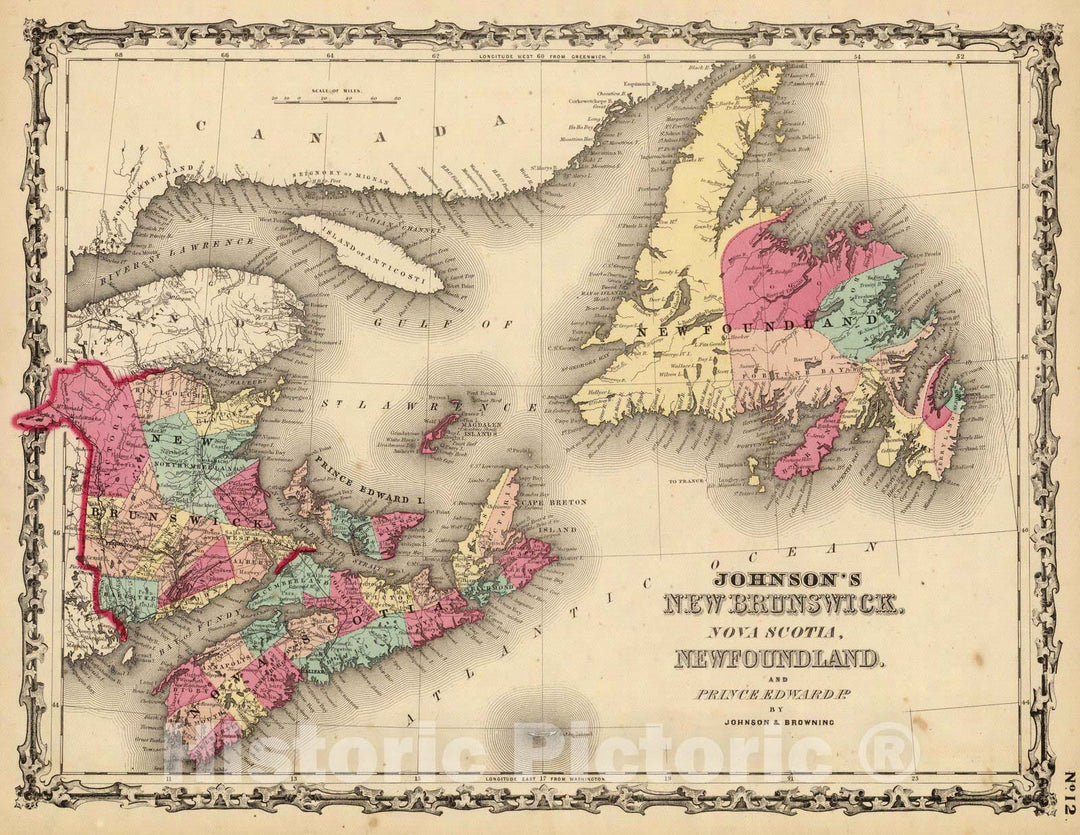 Historic Map : 1860 New Brunswick, Nova Scotia, Newfoundland. and Prince Edward Id. - Vintage Wall Art