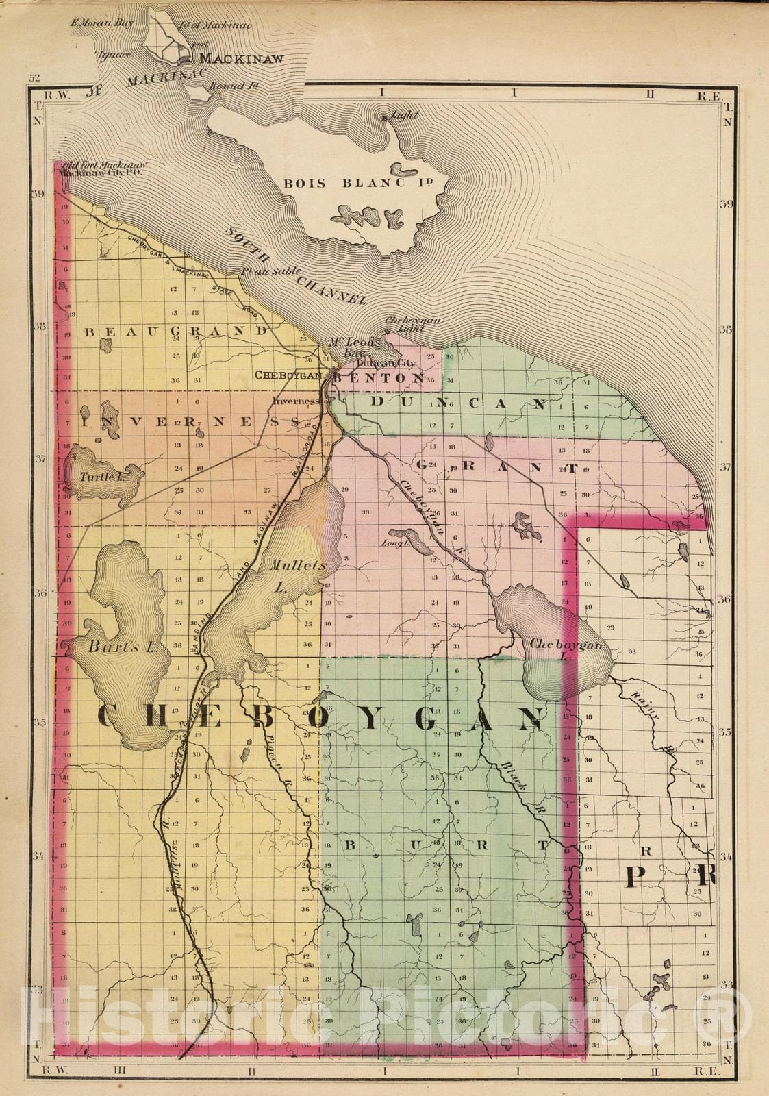 Historic Map : 1873 (Map of Cheboygan County, Michigan) - Vintage Wall Art
