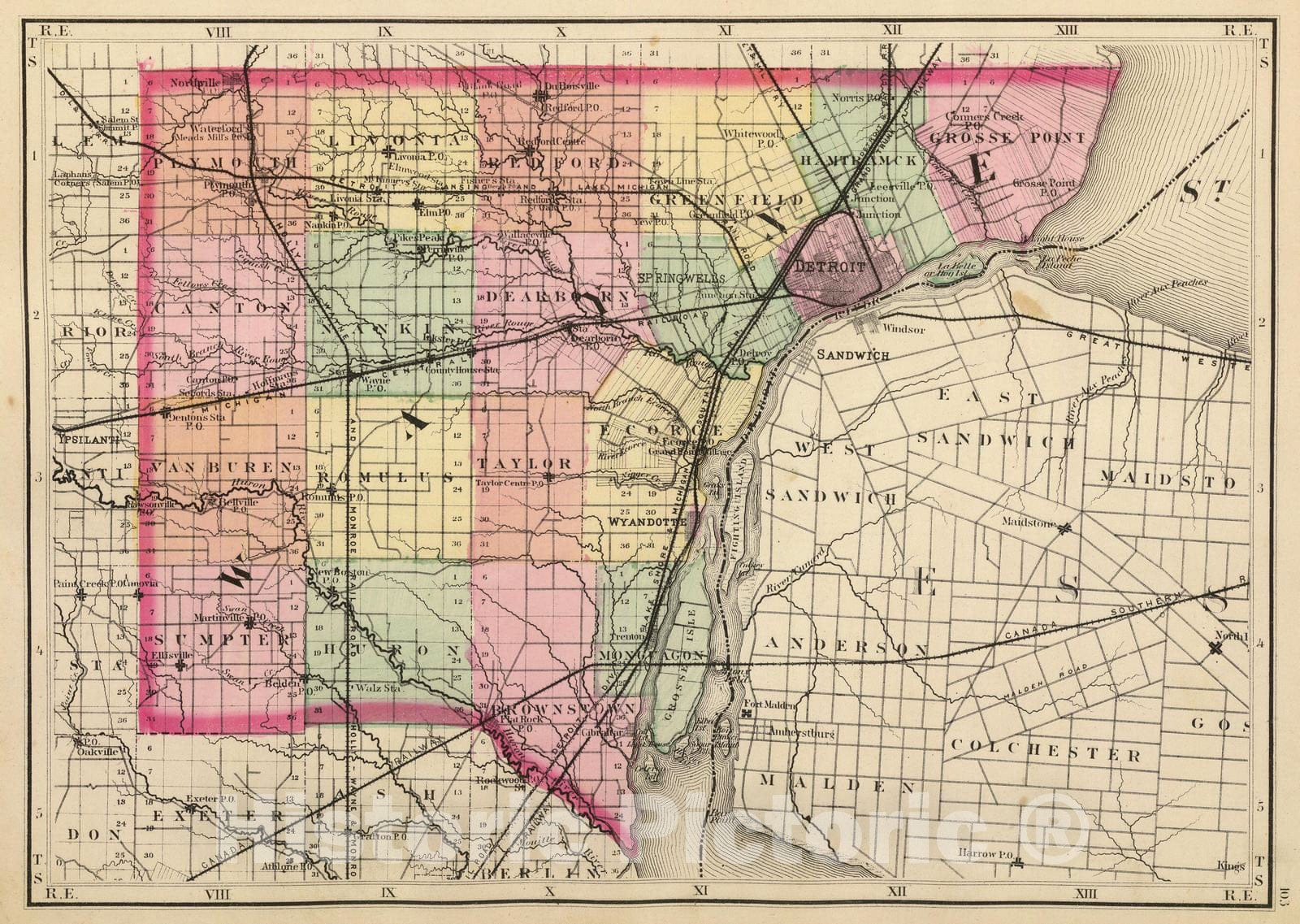Historic Map : 1873 (Map of Wayne County, Michigan) - Vintage Wall Art