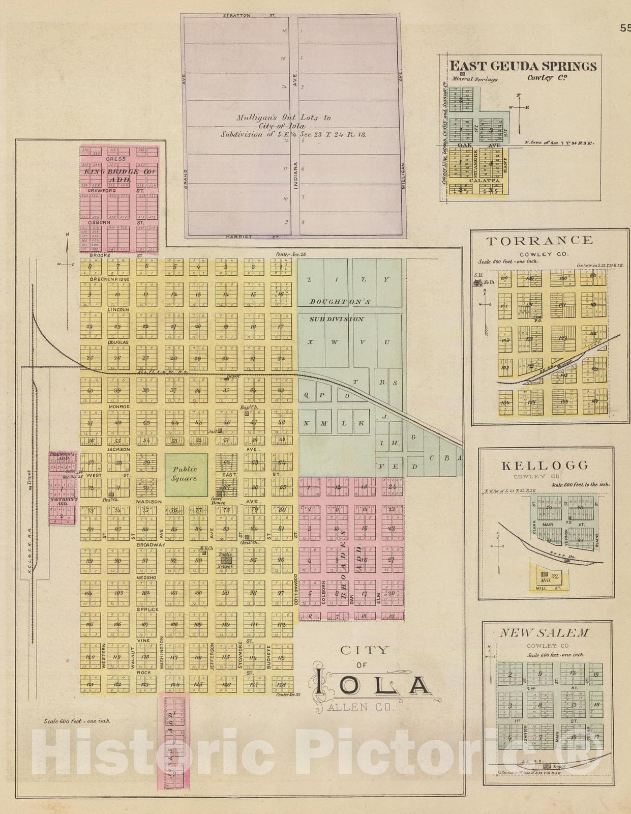 Historic Map : 1887 Iola, E. Geuda Springs, Torrance, Kellogg, New Salem. - Vintage Wall Art