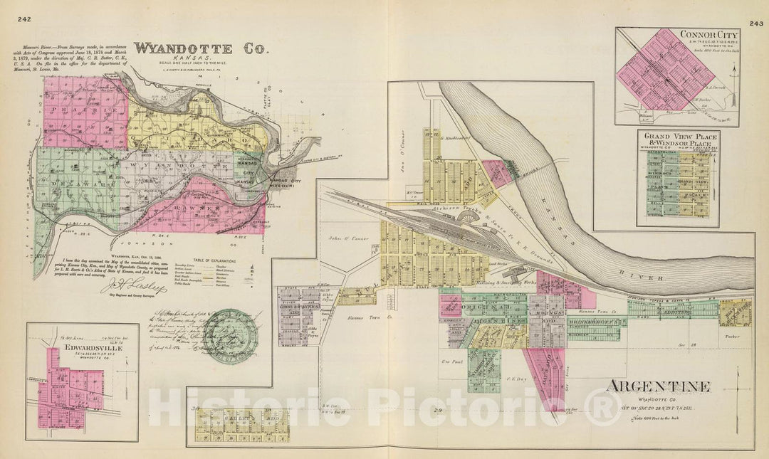 Historic Map : 1887 Argentine, Wyandotte Co, Edwardsville, Connor City, Grand View Pl, Windsor Pl. - Vintage Wall Art