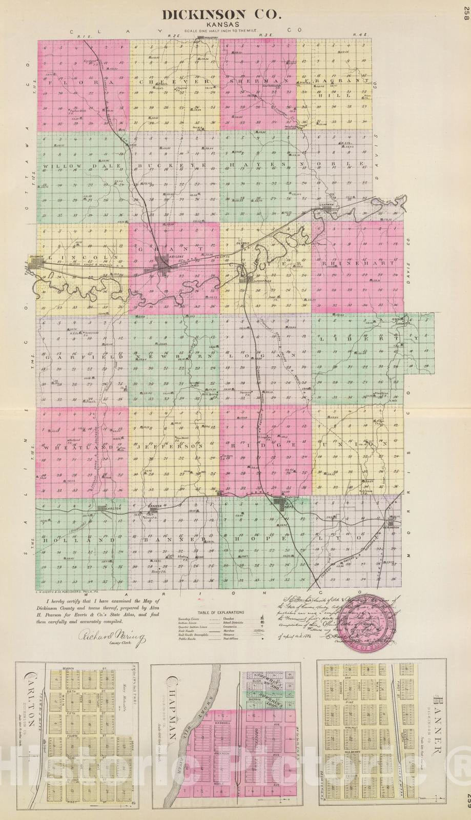 Historic Wall Map : 1887 Dickinson Co, Kansas. - Vintage Wall Art