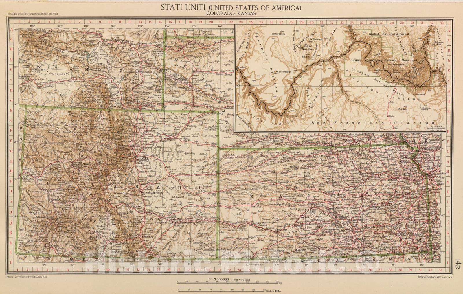 Historic Map : Arizona, Grand Canyon (Ariz.) 1929 142. Colo, Kans. , Vintage Wall Art