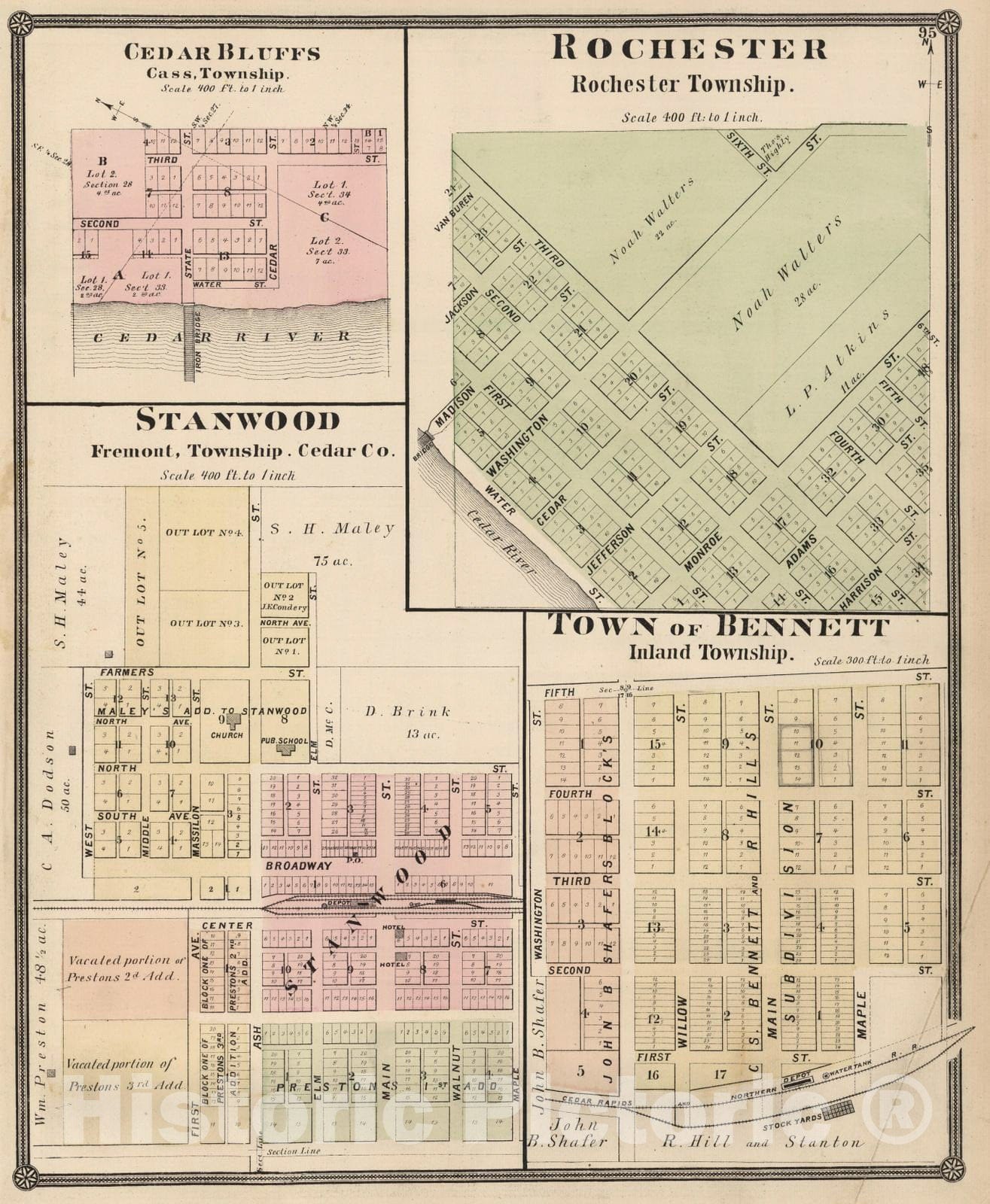 Historic Map : 1885 Cedar Bluffs, Rochester, Stanwood, and Town of Bennett, Cedar County, Iowa. - Vintage Wall Art