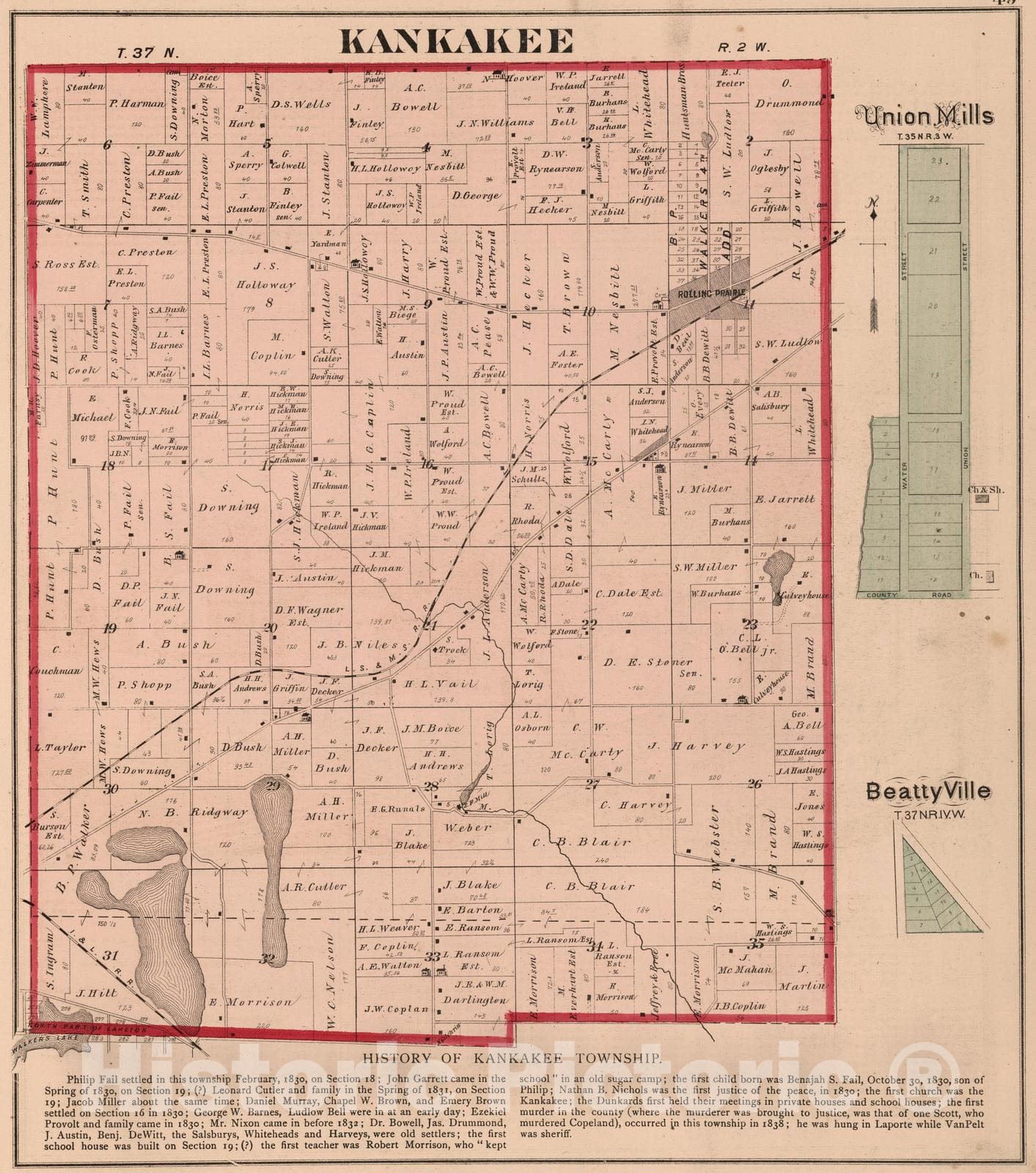 Historic Map : 1874 Kankakee Township, Laporte County, Indiana. - Vintage Wall Art