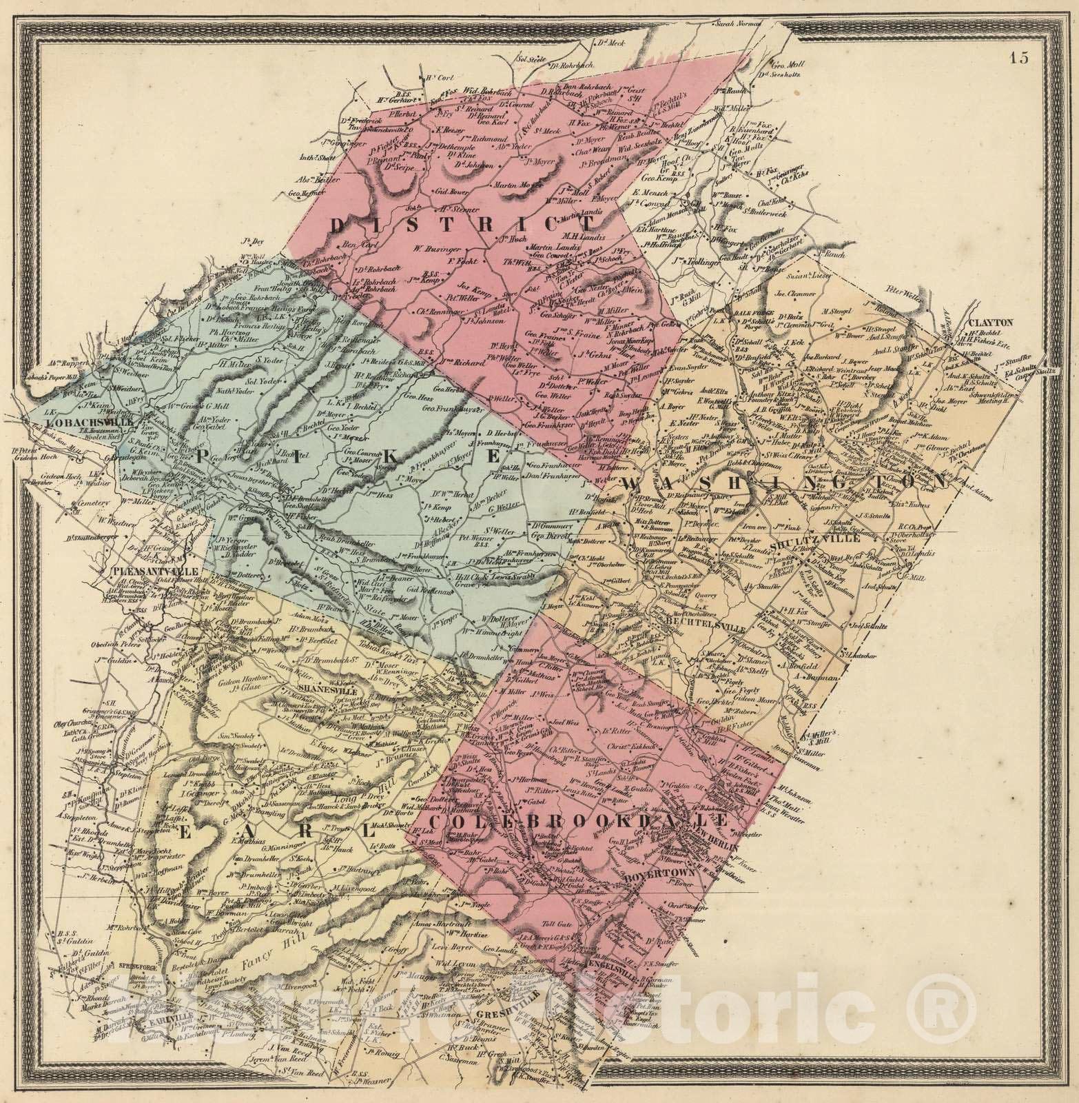 Historic Map : 1862 District, Pike, Washington, Earl, and Colebrookdale Townships, Berks County, Pennsylvania. - Vintage Wall Art