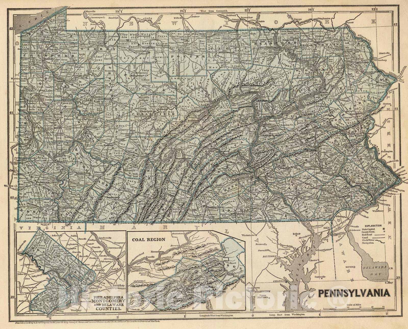 Historic Map : National Atlas - 1845 Pennsylvania. - Vintage Wall Art