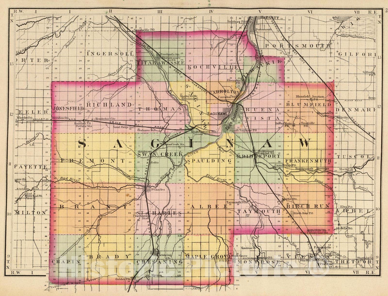 Historic Map : 1873 (Map of Saginaw County, Michigan) - Vintage Wall Art