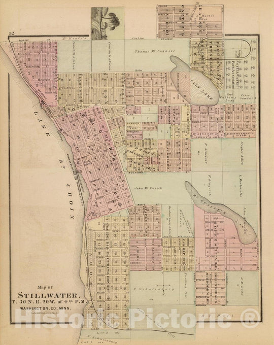 Historic Map : 1874 Map of Stillwater, Washington Co, Minn. - Vintage Wall Art
