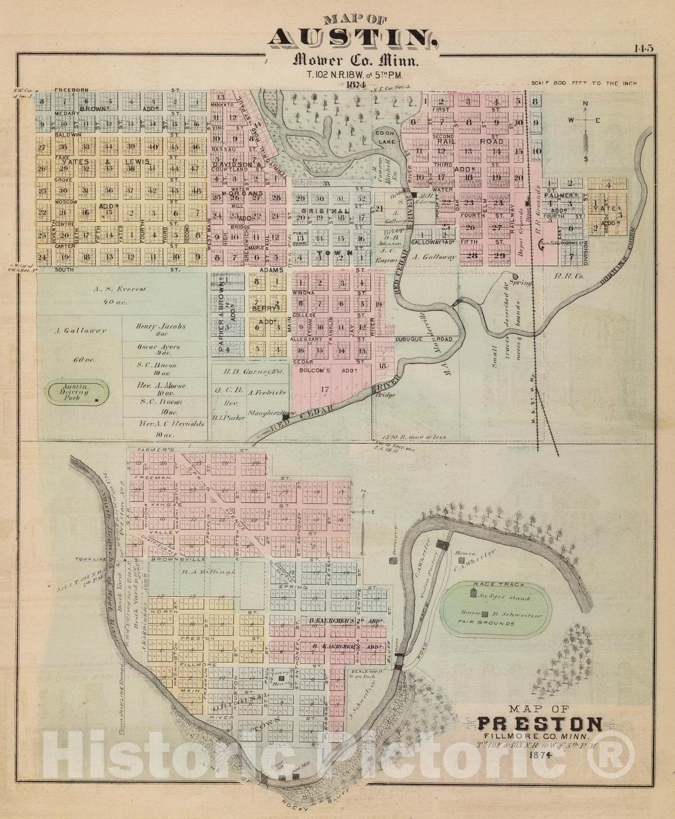 Historic Map : 1874 Map of Austin, Mower Co. and Map of Preston, Fillmore Co, Minn. - Vintage Wall Art