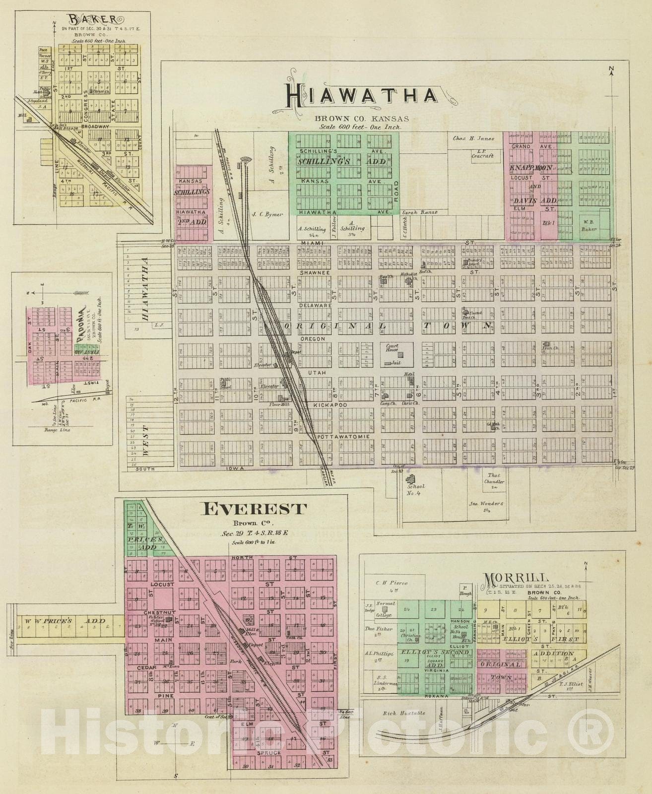 Historic Map : 1887 Hiawatha, Everest, Morrill, Baker and Padonia, Kansas. - Vintage Wall Art