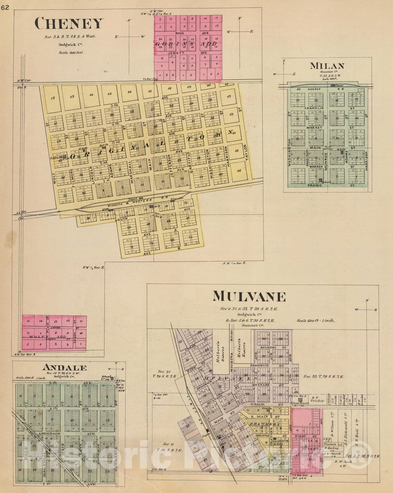 Historic Map : 1887 Cheney, Andale, Mulvane and Milan. - Vintage Wall Art