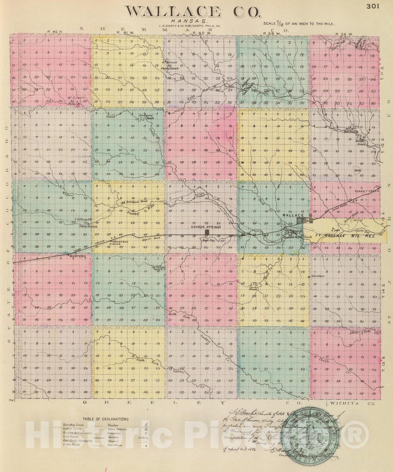 Historic Map : 1887 Wallace Co, Kansas. - Vintage Wall Art