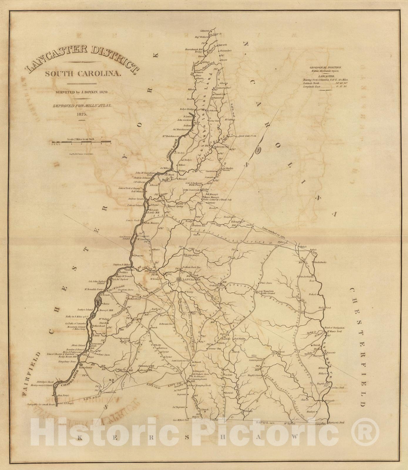 Historic Map : 1825 Lancaster District, South Carolina. - Vintage Wall Art