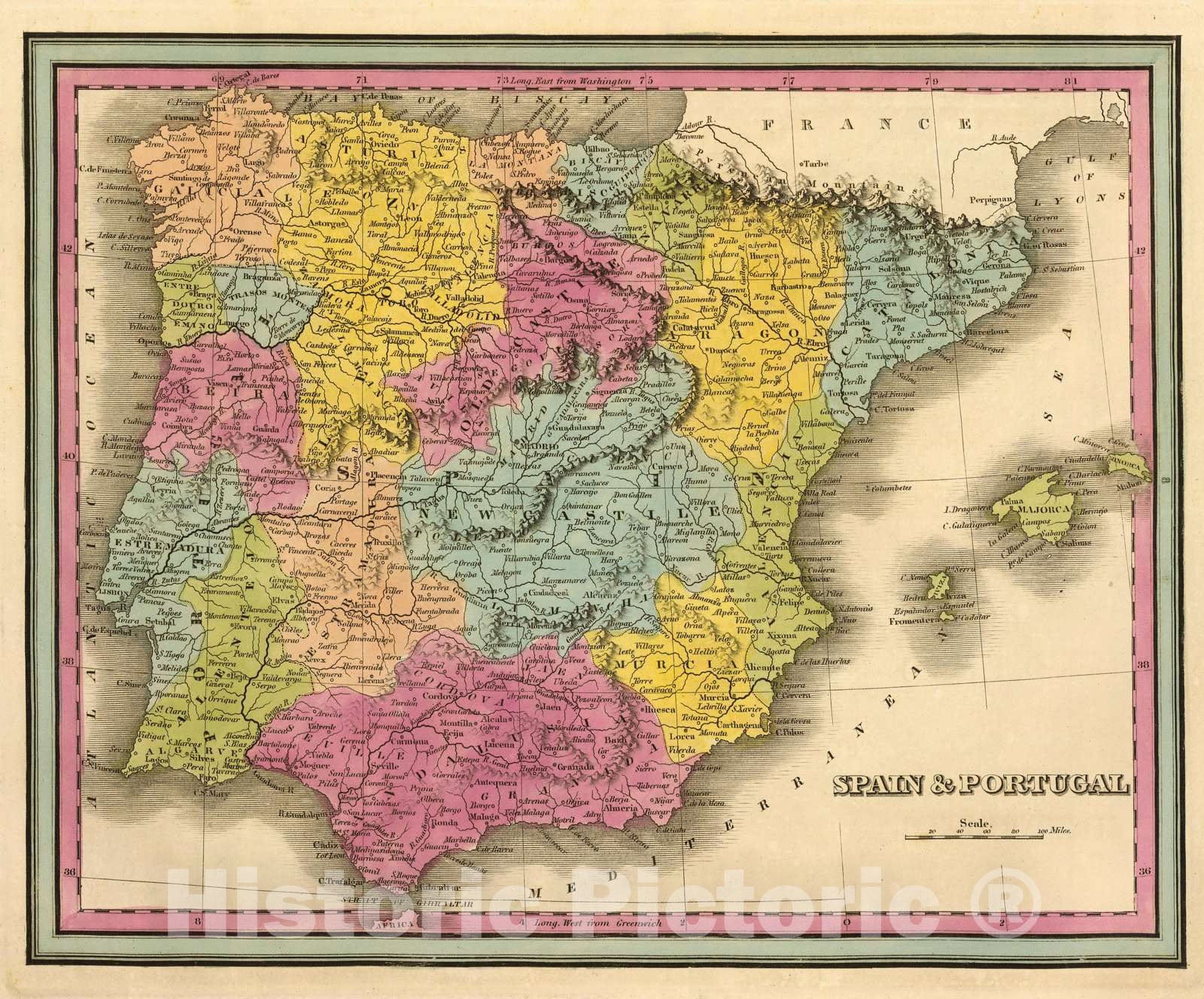 Historic Map : 1845 Spain, Portugal. - Vintage Wall Art