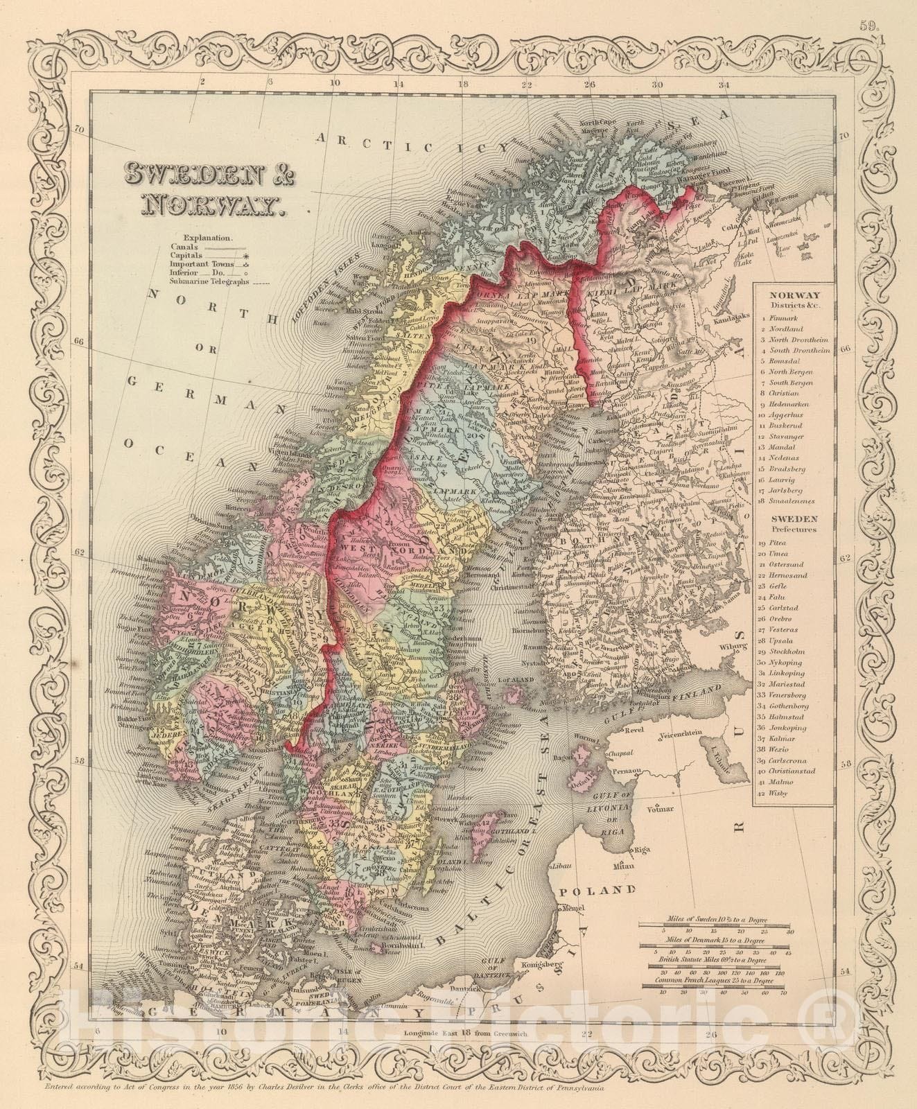 Historic Map : 1859 Sweden & Norway. - Vintage Wall Art