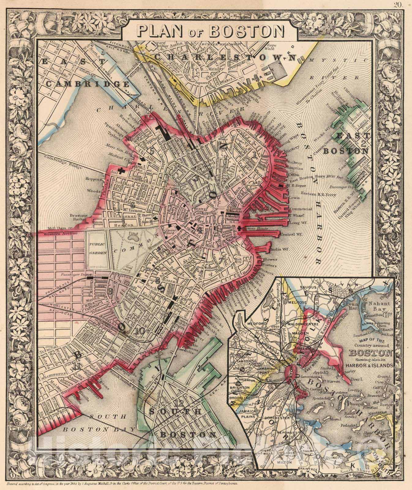 Historic Map : 1865 Plan of Boston - Vintage Wall Art
