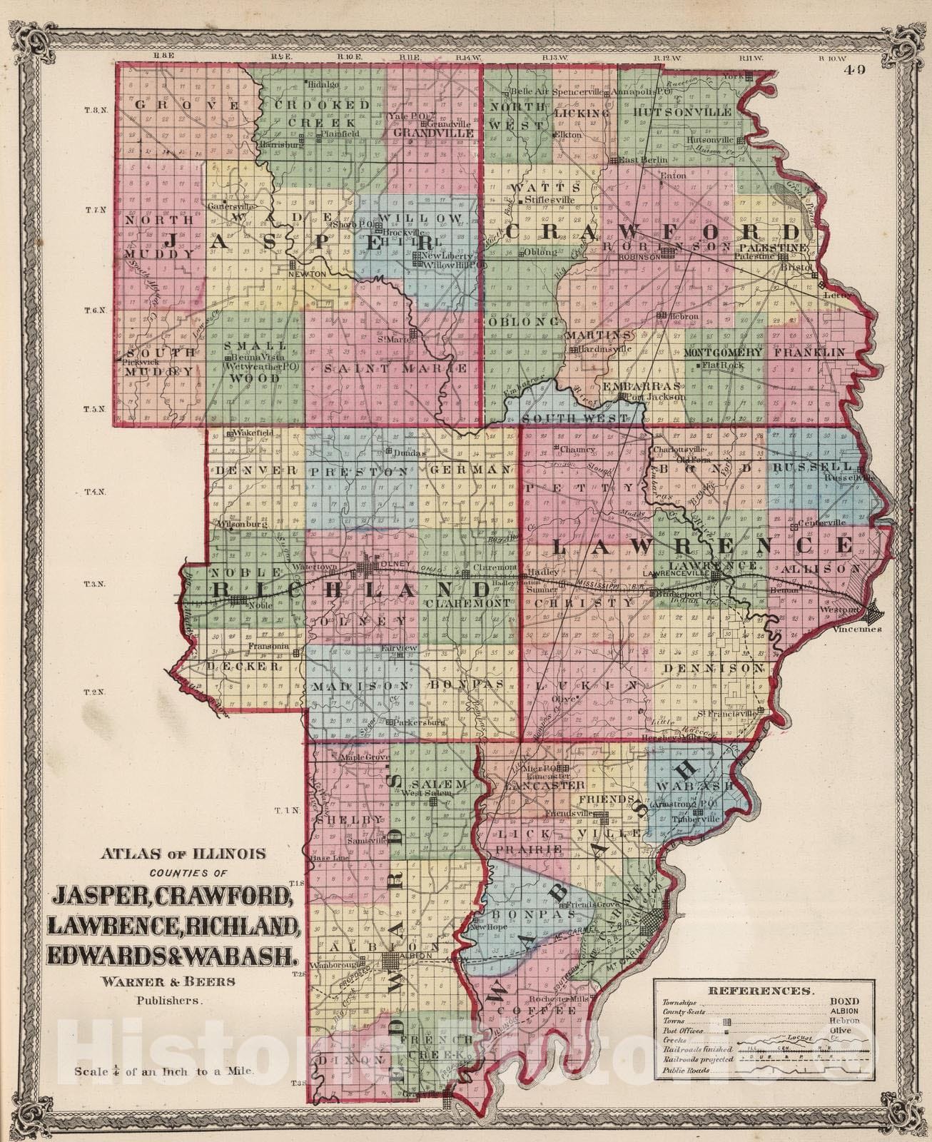 Historic Map : National Atlas - 1872 Atlas of Illinois, Counties of Jasper, Crawford, Lawrence, Richland, Edward & Wabash. - Vintage Wall Art