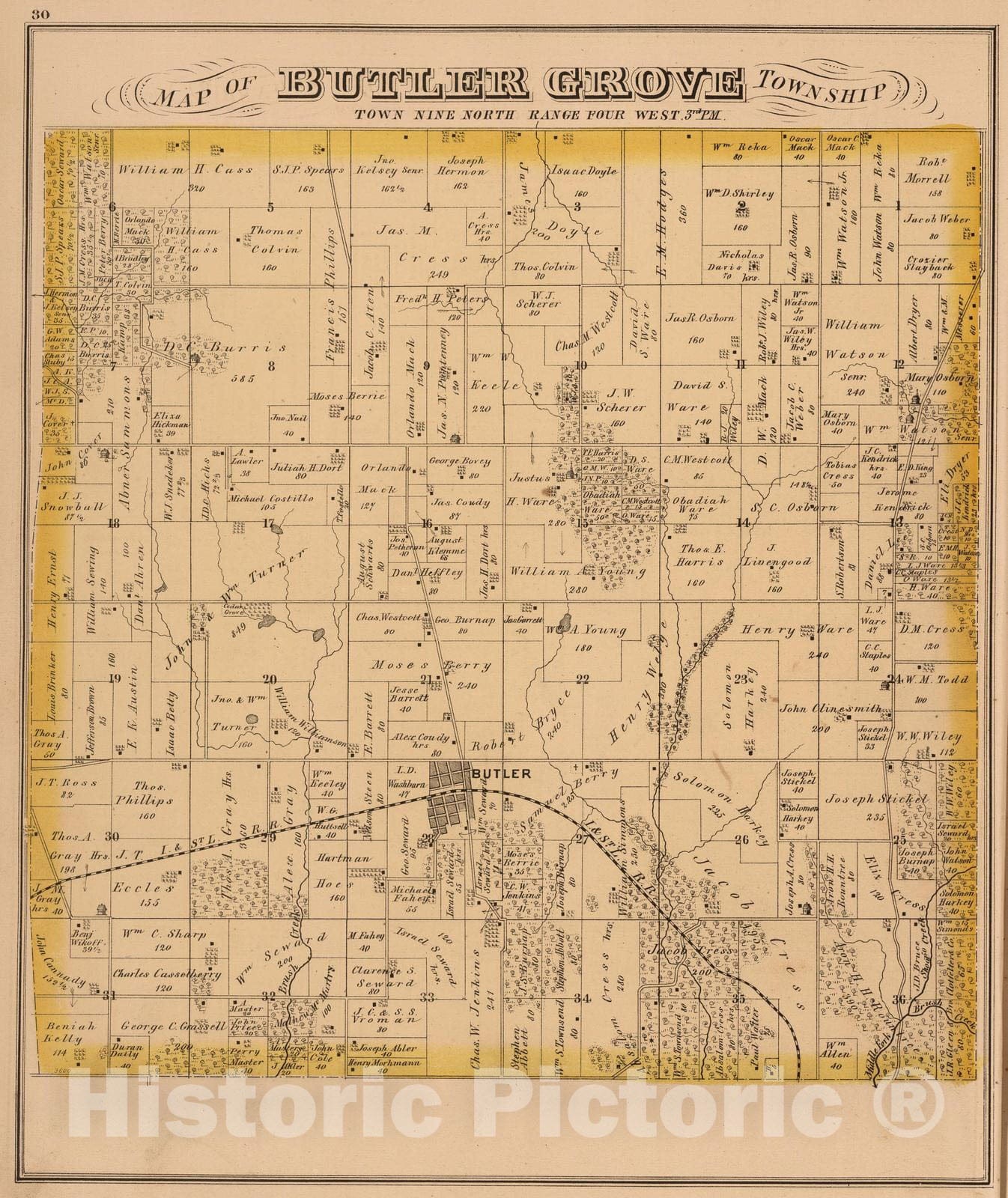 Historic Map : 1874 Butler Grove Township, Montgomery County, Illinois. - Vintage Wall Art