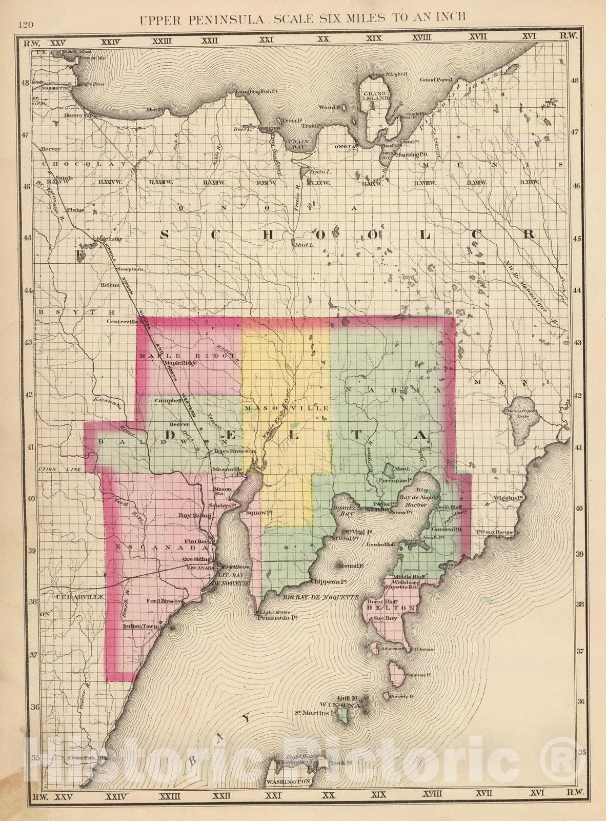 Historic Map : 1873 Upper Peninsula, scale six miles to an inch (Delta County) - Vintage Wall Art