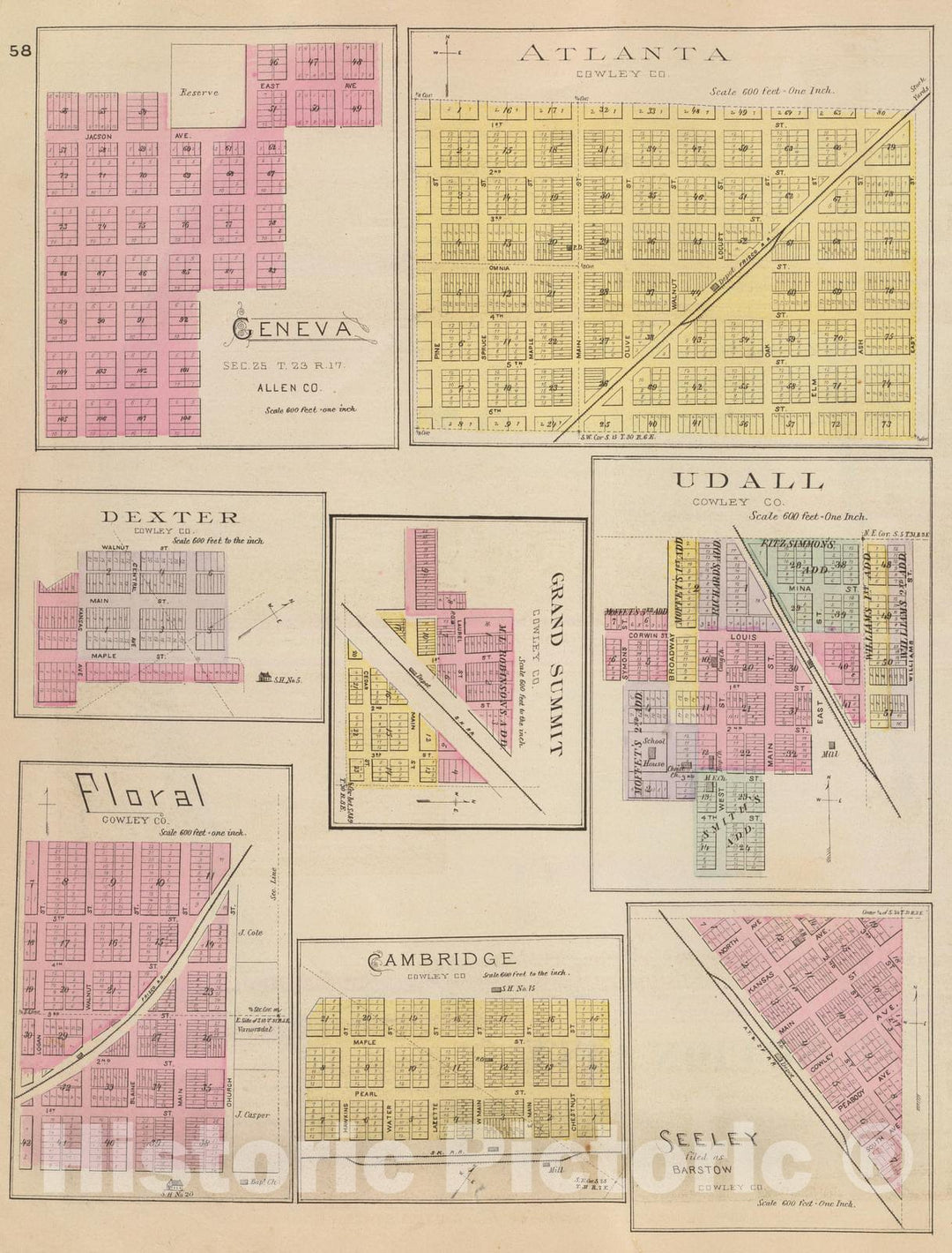 Historic Map : 1887 Geneva, Atlanta, Dexter, Grand Summit, Udall, Floral, Cambridge, Seeley. - Vintage Wall Art