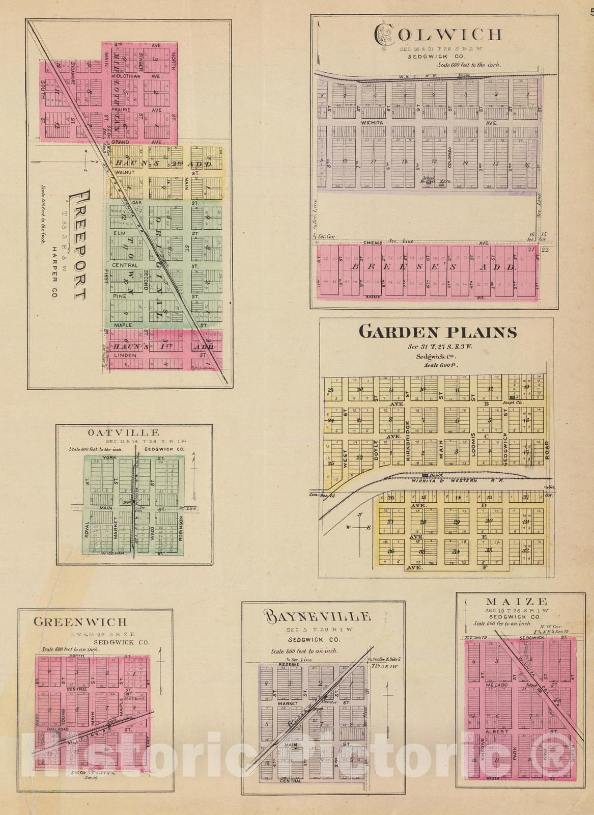 Historic Map : 1887 Colwich, Garden Plains, Maize, Bayneville, Greenwich, Oatville & Freeport. - Vintage Wall Art