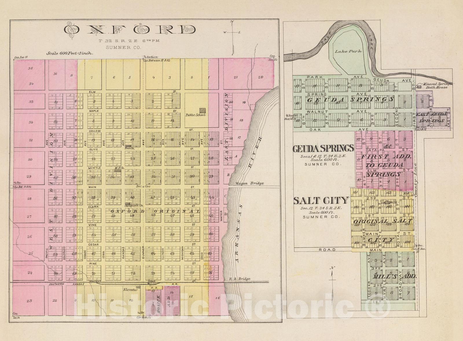 Historic Map : 1887 Oxford, Geuda Springs and Salt City. - Vintage Wall Art