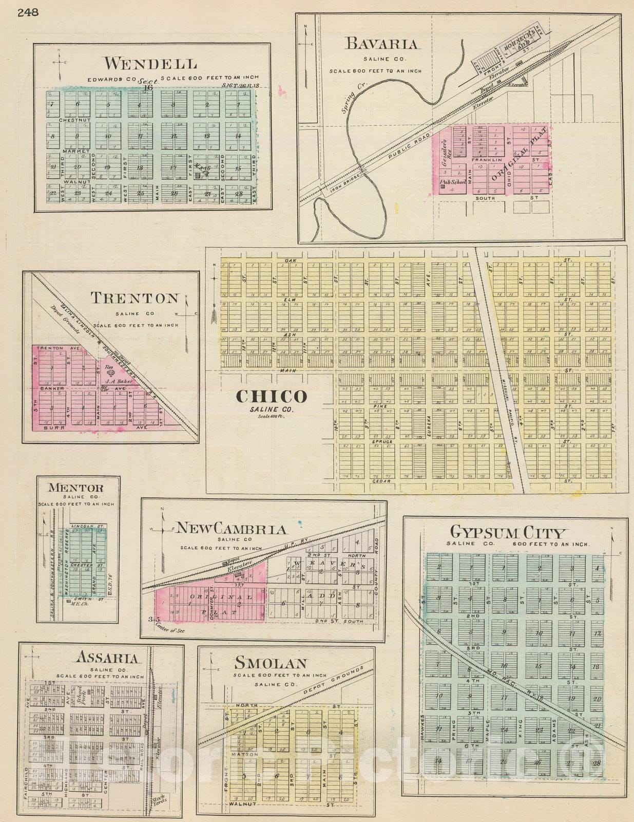 Historic Map : 1887 Wendell; Bavaria, Gypsum City, Trenton & other towns, Saline Co. - Vintage Wall Art
