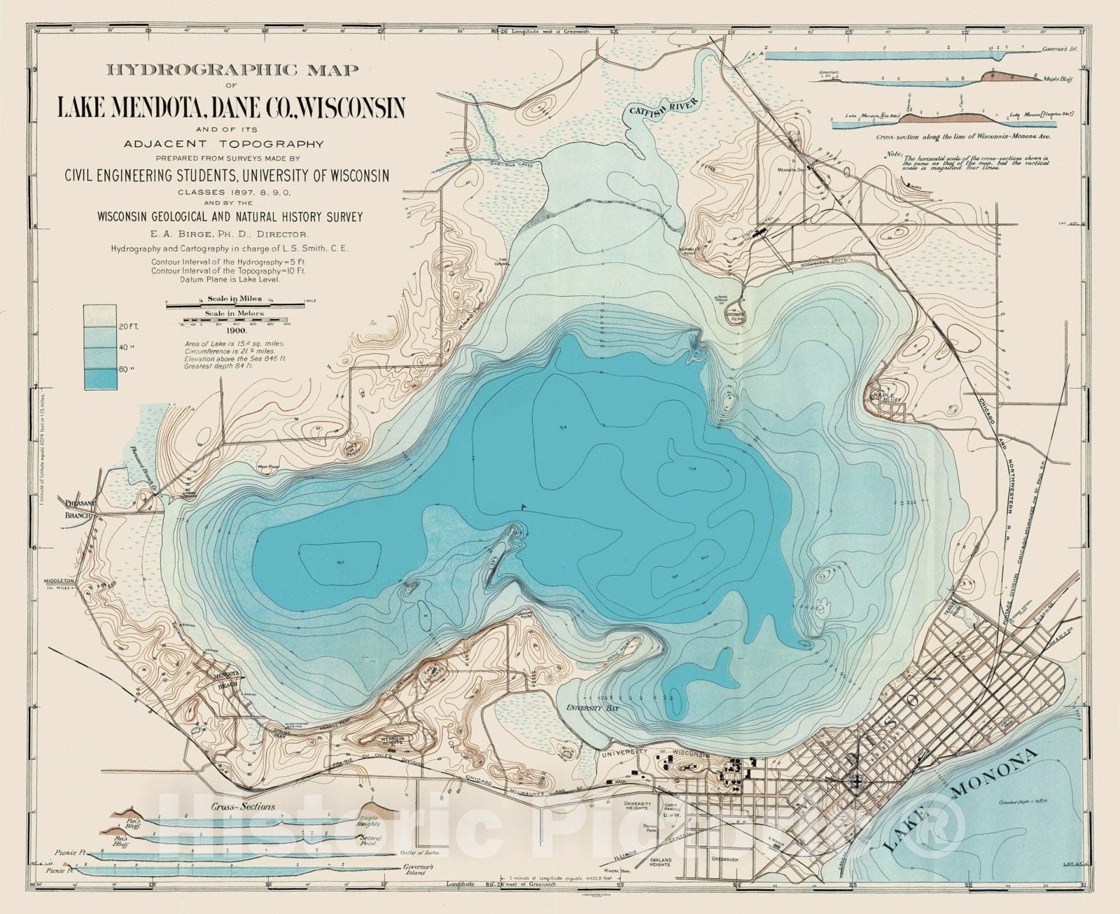Historic Map - 1906 Hydrographic map Lake Mendota. - Vintage Wall Art