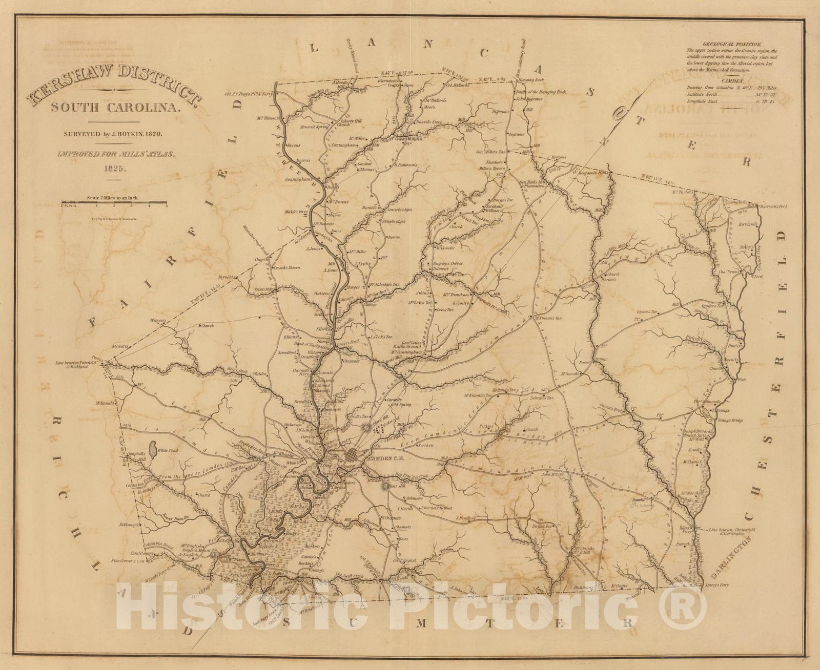 Historic Wall Map : 1825 Kershaw District, South Carolina. - Vintage Wall Art