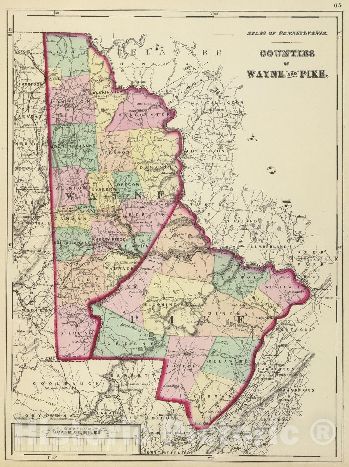 Historic Map : 1872 Wayne, Pike counties. - Vintage Wall Art