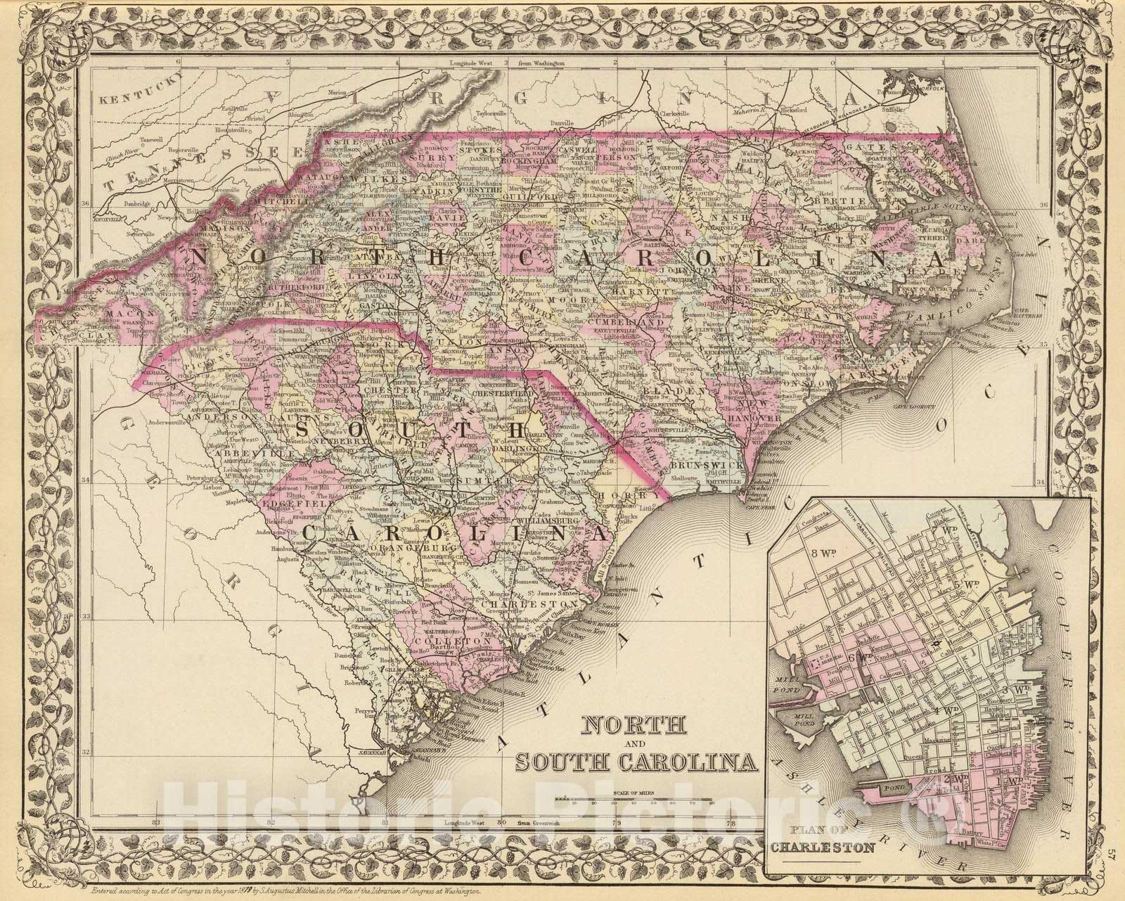 Historic Map : 1880 N. & S. Carolina. - Vintage Wall Art