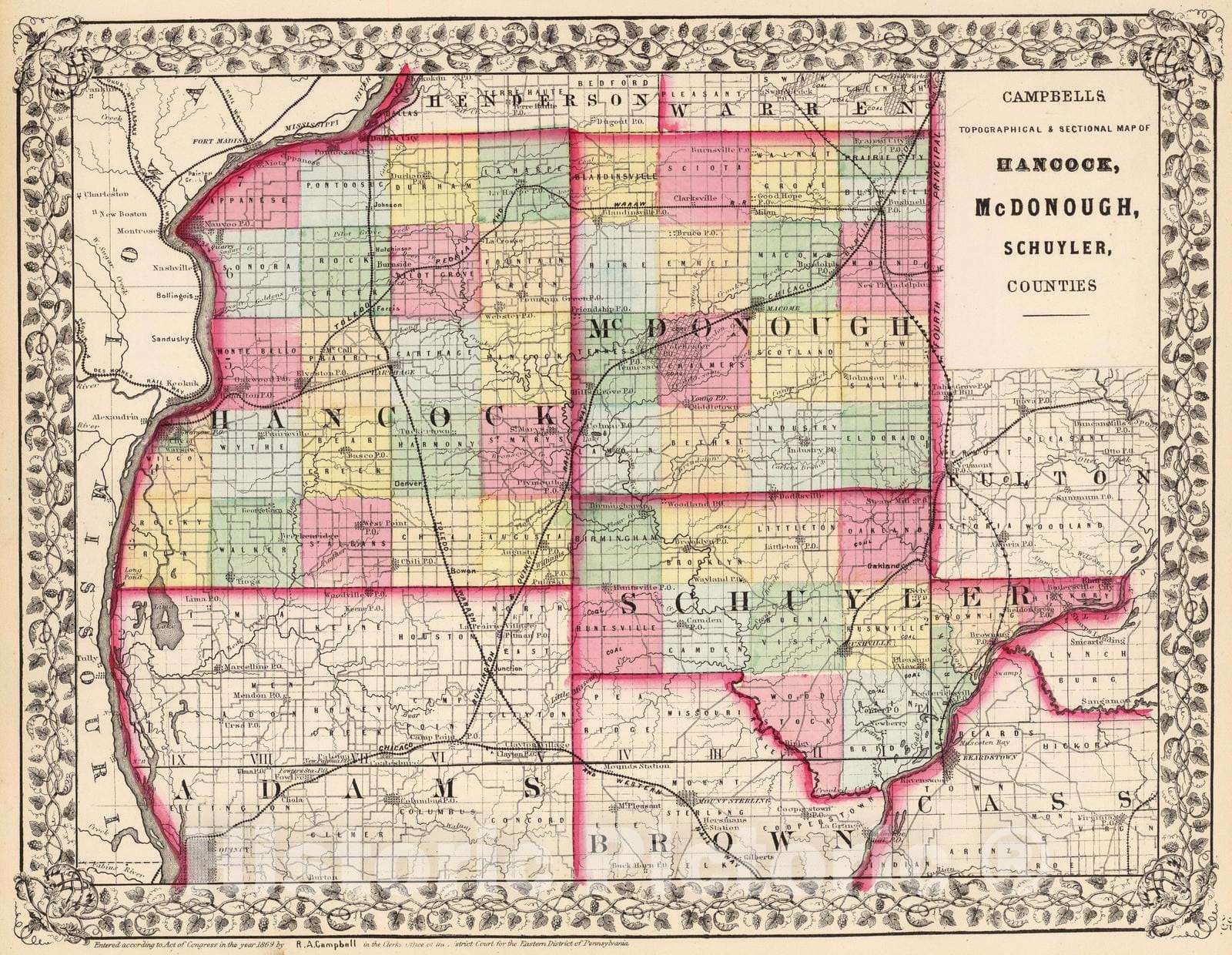 Historic Map : 1870 Hancock, McDonough, Schuyler counties. - Vintage Wall Art