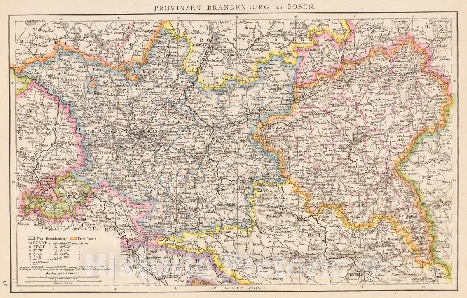 Historic Map : Germany; Poland, 1881 Brandenburg, Posen. , Vintage Wall Art